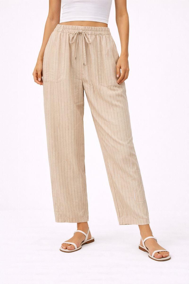 Beige Striped Relaxed Fit Linen  Pants