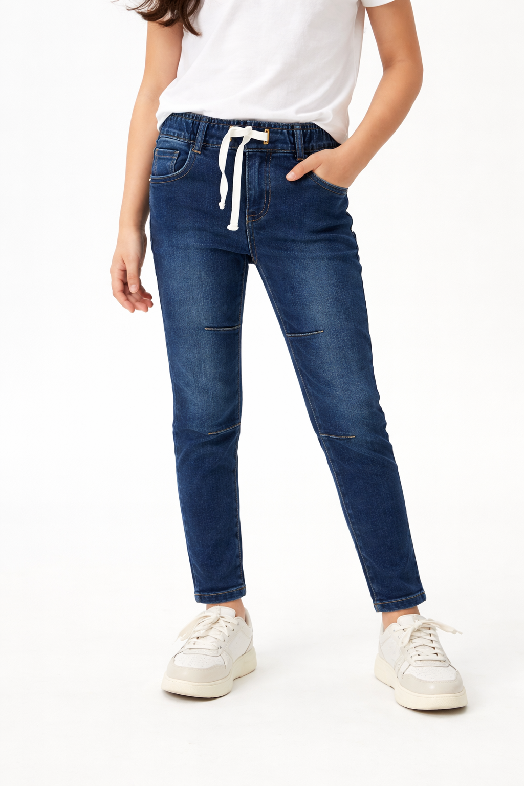 Girls Dark Blue Elastic Waist Jeans