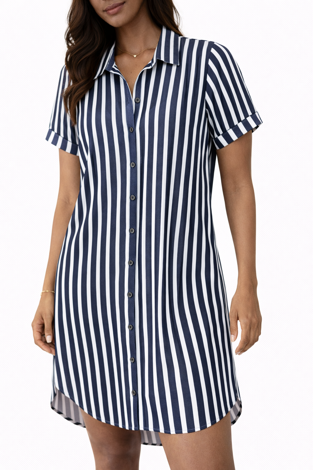 Dark Navy Striped Button Dows Dress