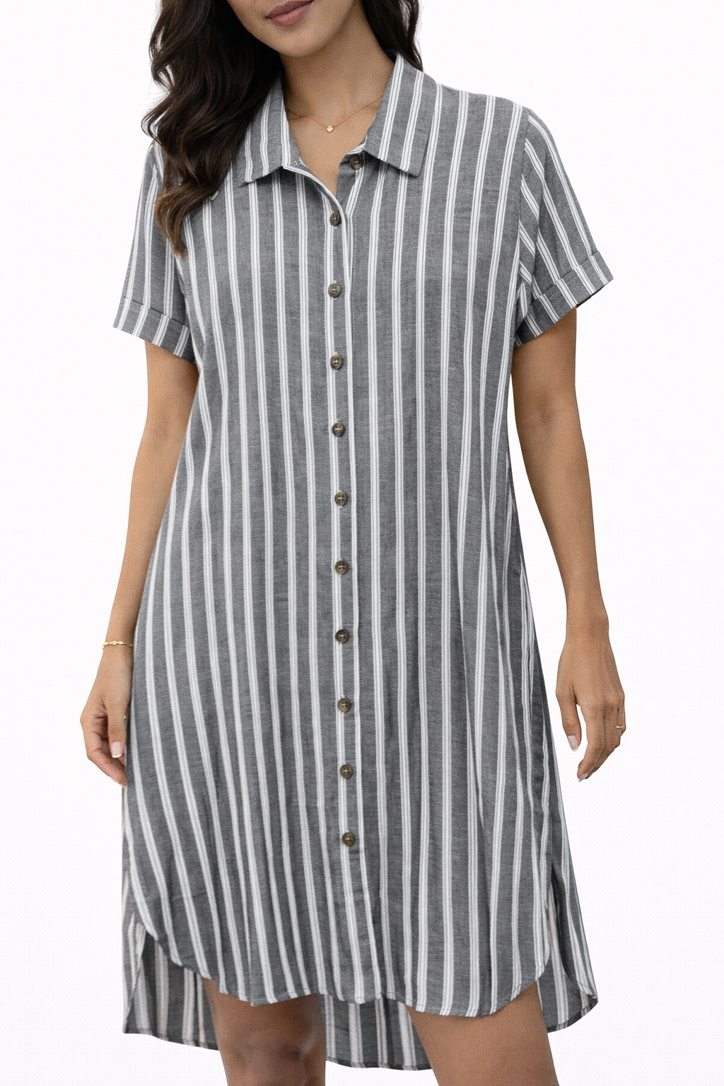 Grey Striped Button Down Dress