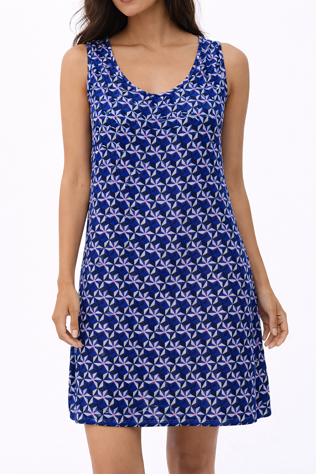 Blue, White & Pink Patterned Summer Dress