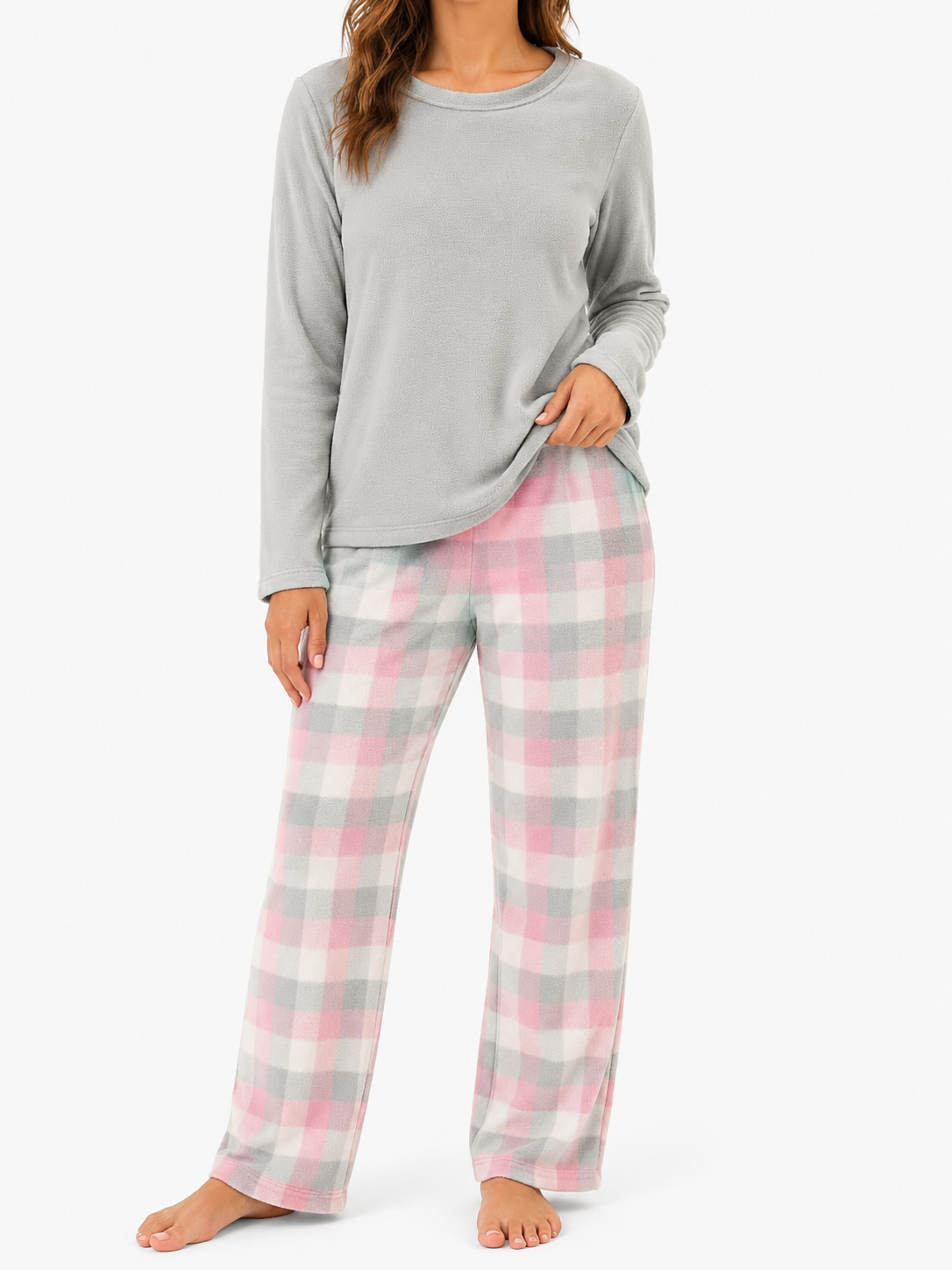 Ladies Fleece Two-Piece Plaid Pajama Set