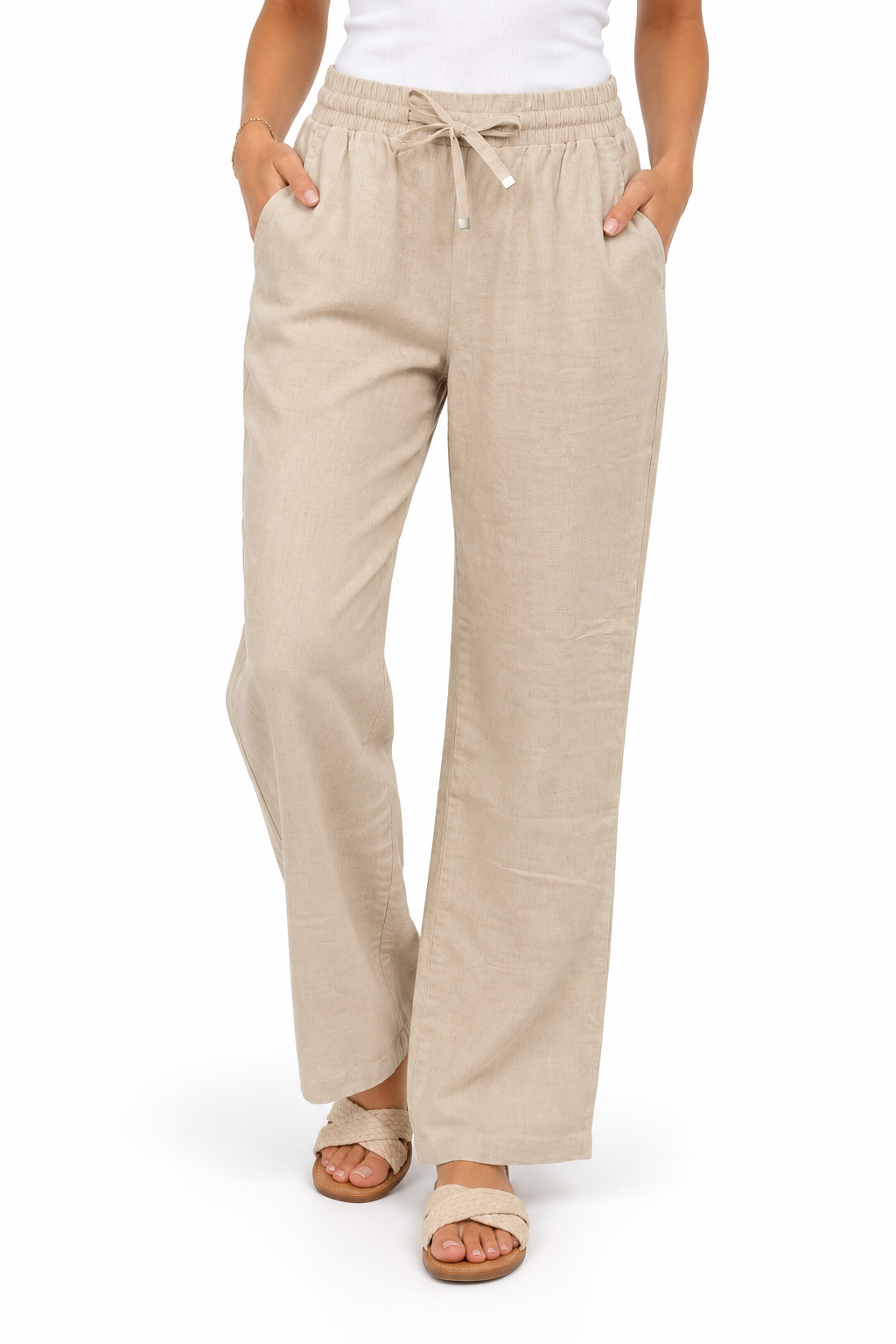 Linen Straight-Leg Pants with Gold-Tip Drawstring