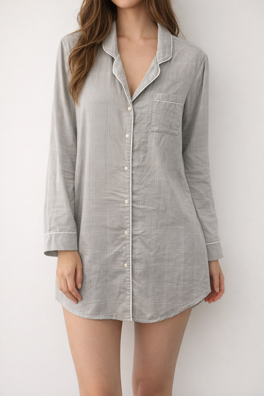 Grey Plaid Pajama Shirt Dress