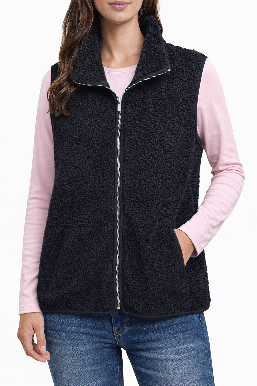 Black Zip-Up Sherpa Vest