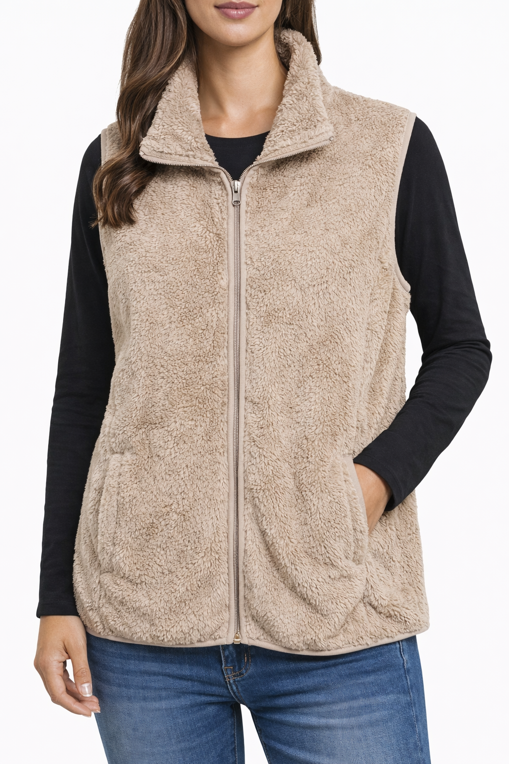 Cream Zip-Up Sherpa Vest