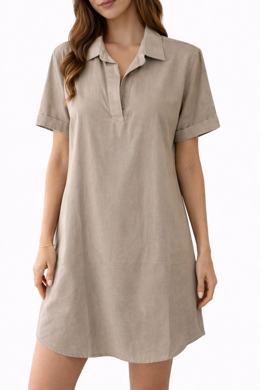 Beige Notch-Neck Casual Dress