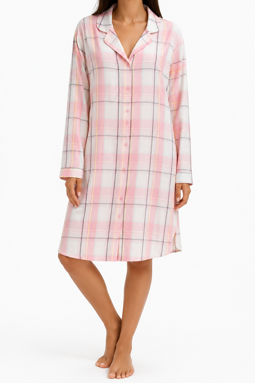 Pink, Yellow and white Plaid Button-Up Sleep Shirt