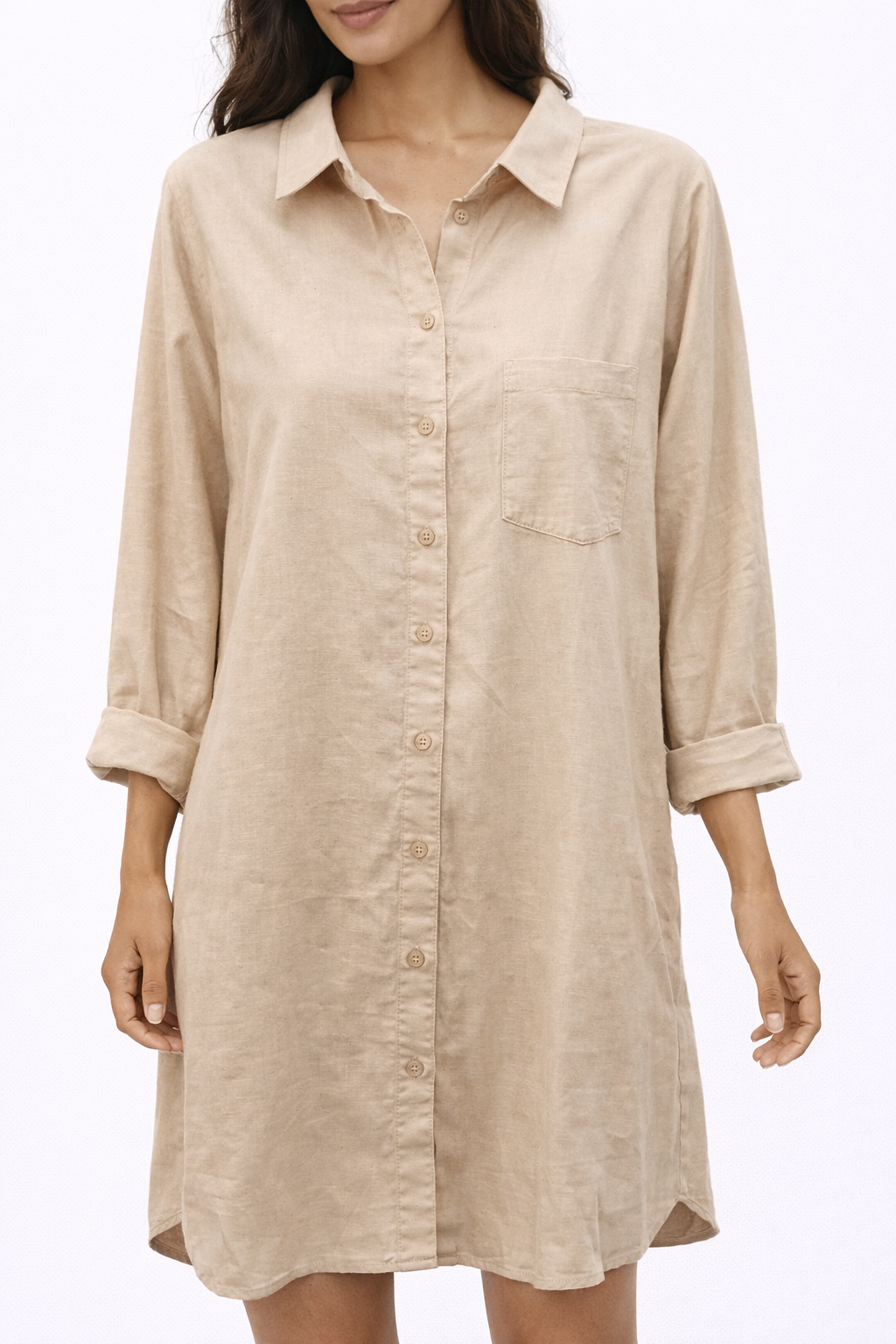 Beige Long Sleeve Shirt Dress