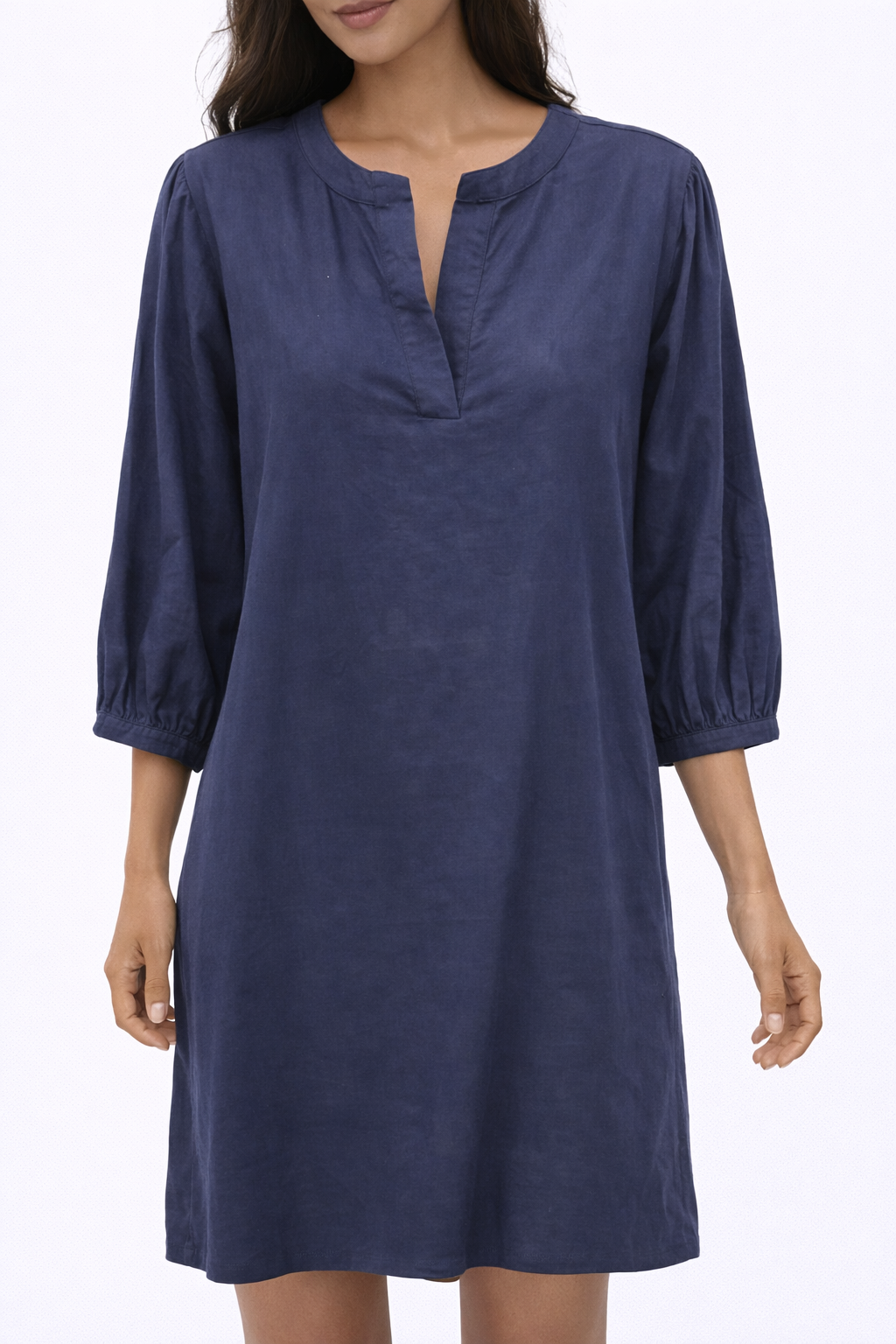 Navy Blue Long Sleeve Notch Dress
