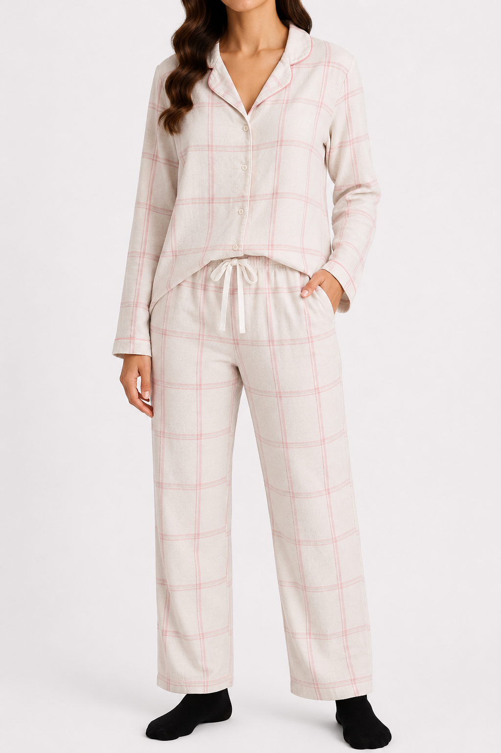 Soft Beige & Pink Windowpane PJ Set