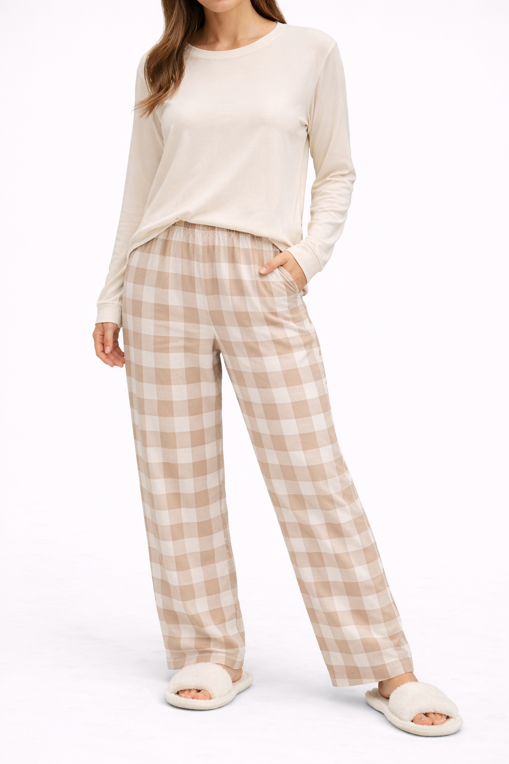 Cream & Beige Check Pajama Set