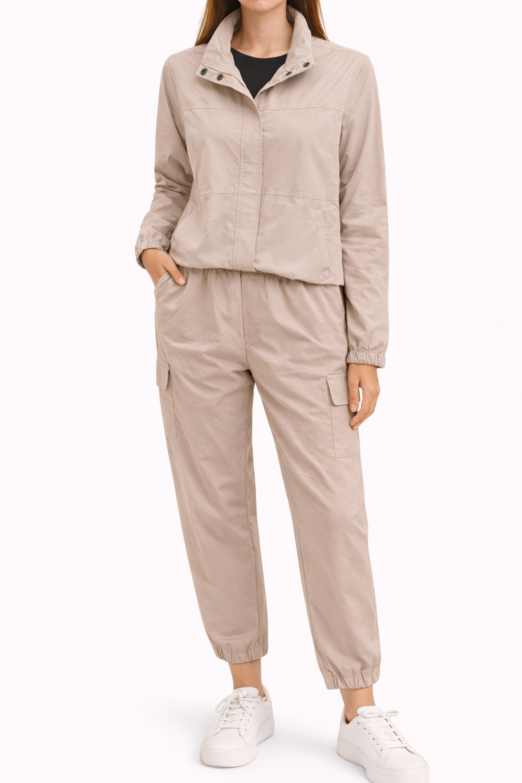 Beige Woven Zip Through Jacket Set