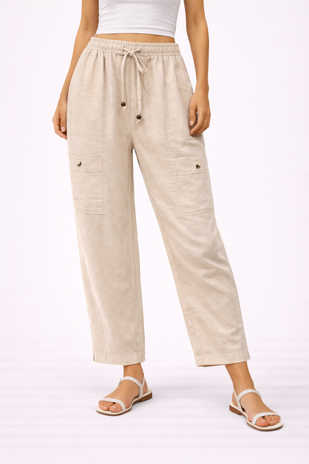 Beige Relaxed Fit Linen Cargo Pants