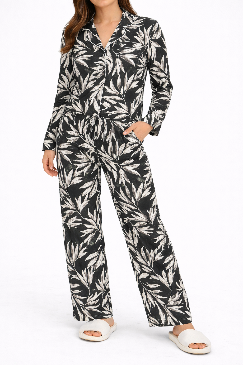 Black & White Leaf Print Pajama Set