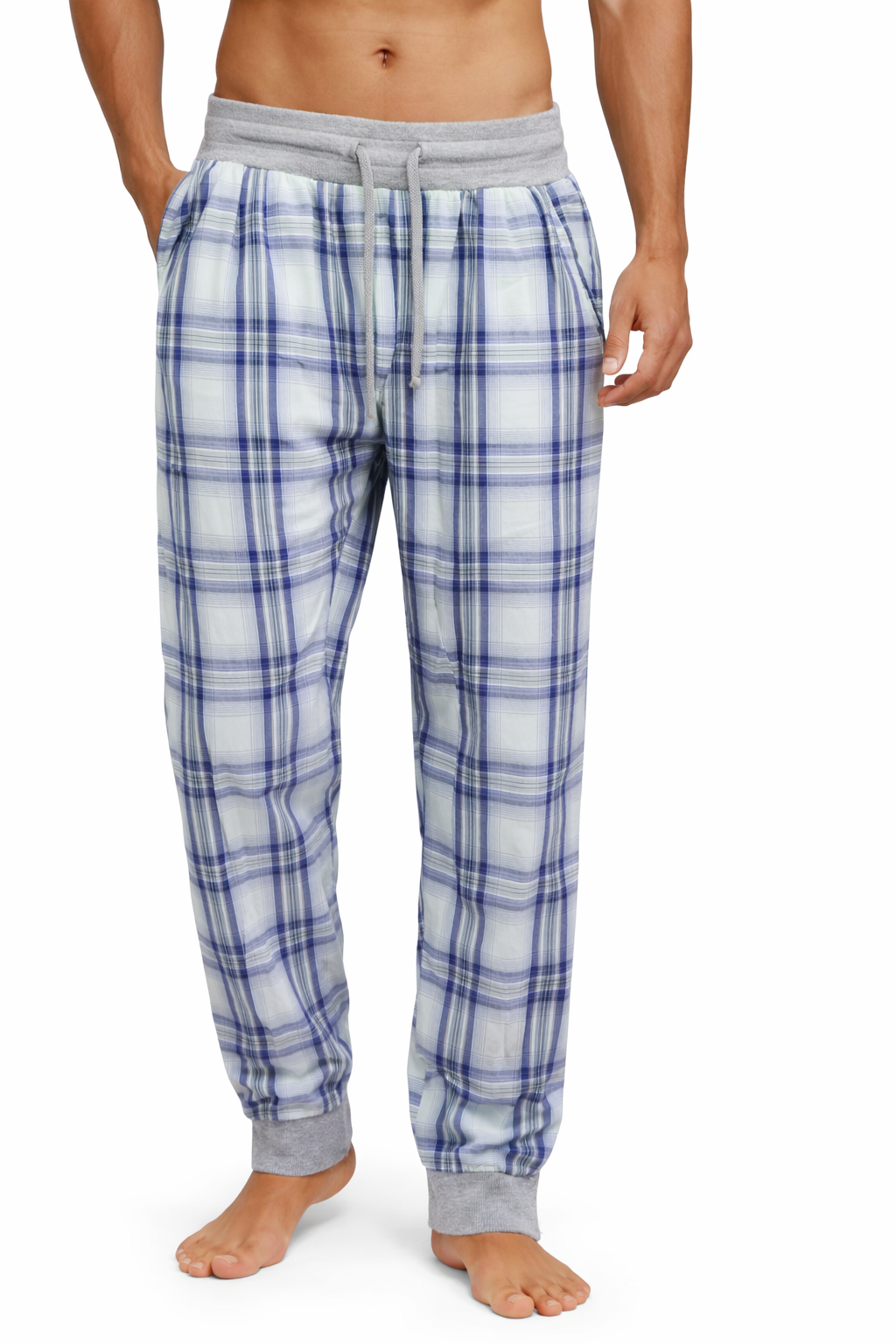 Blue Checkered Men's PJ Pants With Grey Waistband