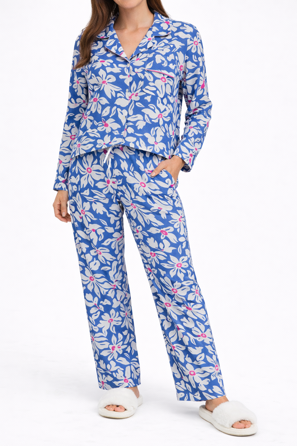 Blue Floral Button-Down Pajama Set