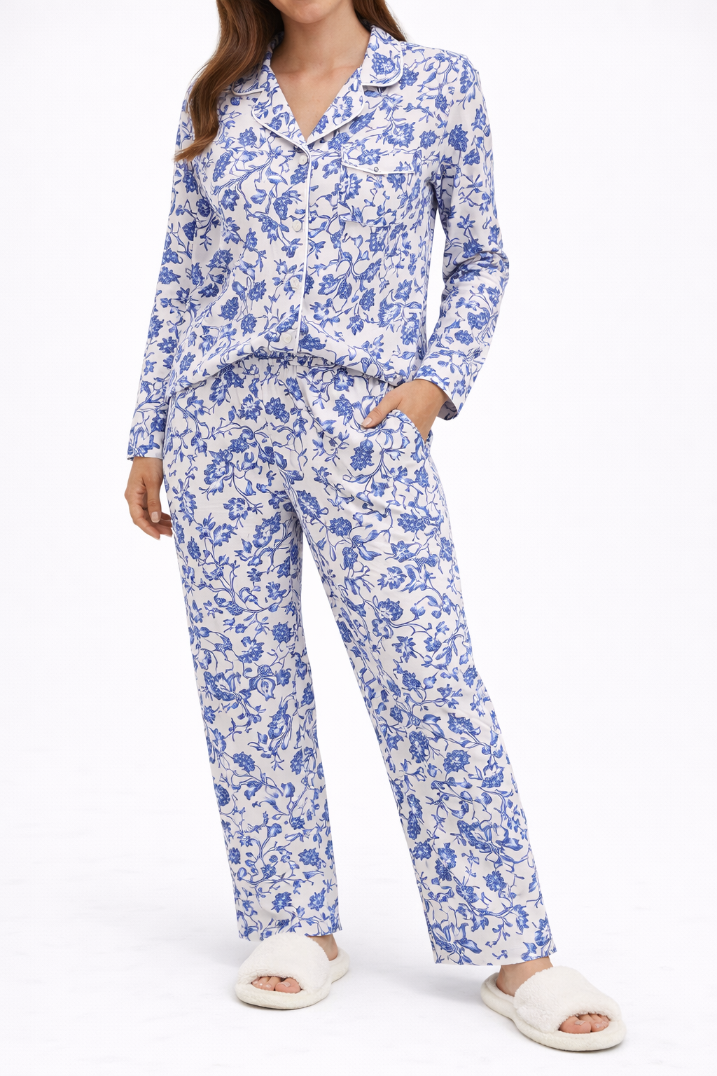 Blue & White Floral Button-Down Pajama Set