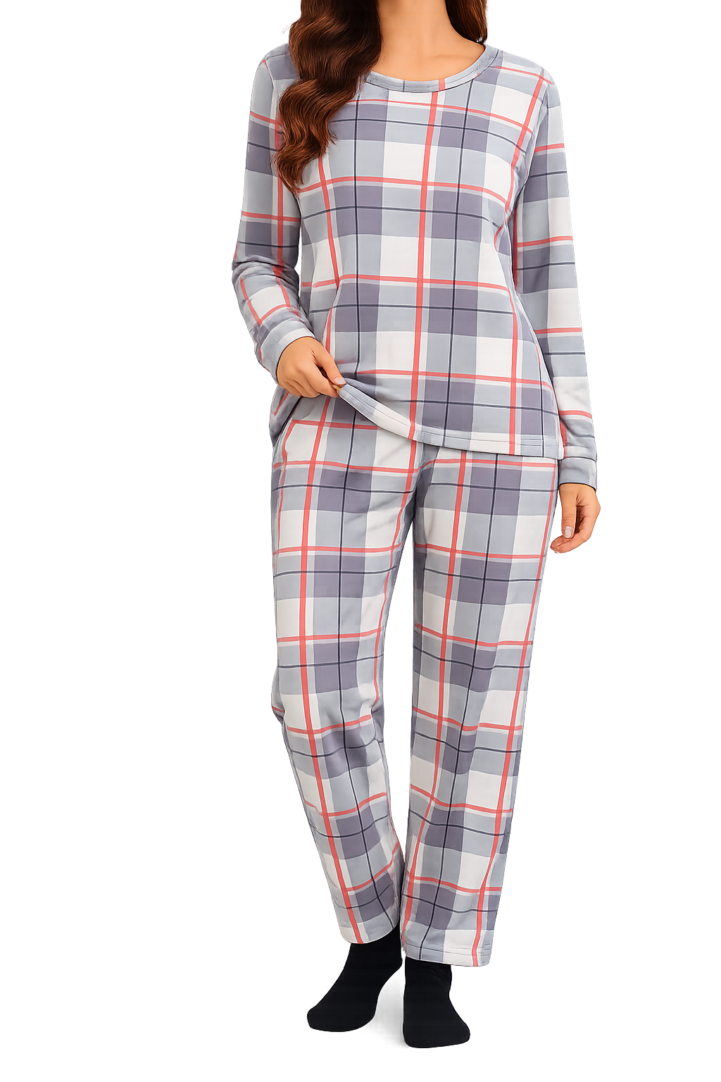 Grey & Pink Check Winter PJ Set