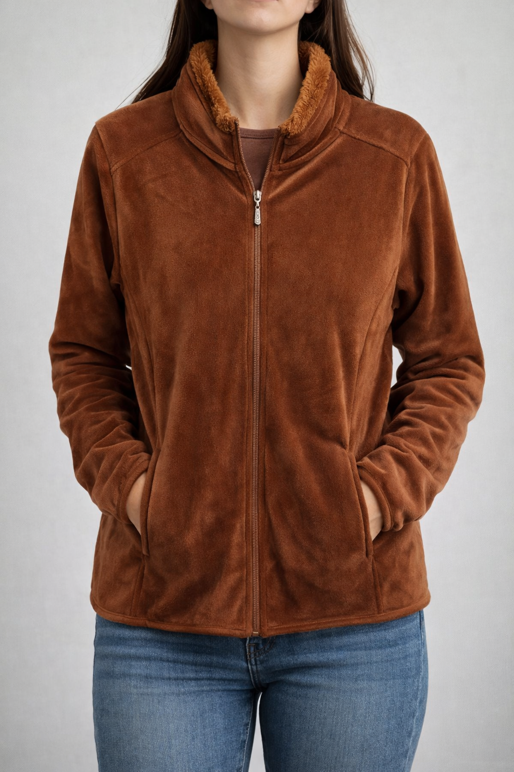 Rust Brown Soft Fleece Zip-up Jacket