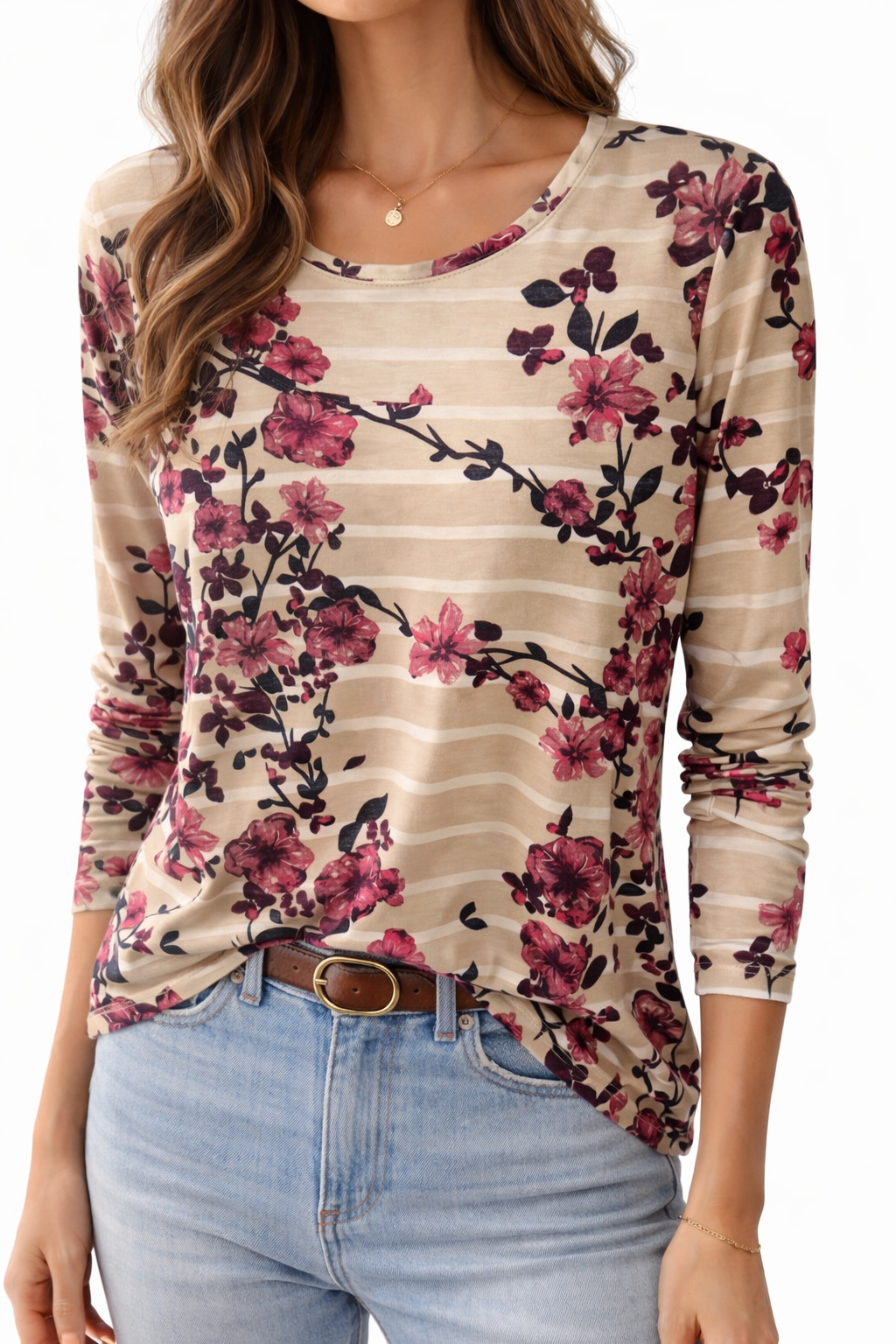 Beige Floral Patterned Long Sleeve T-Shirt