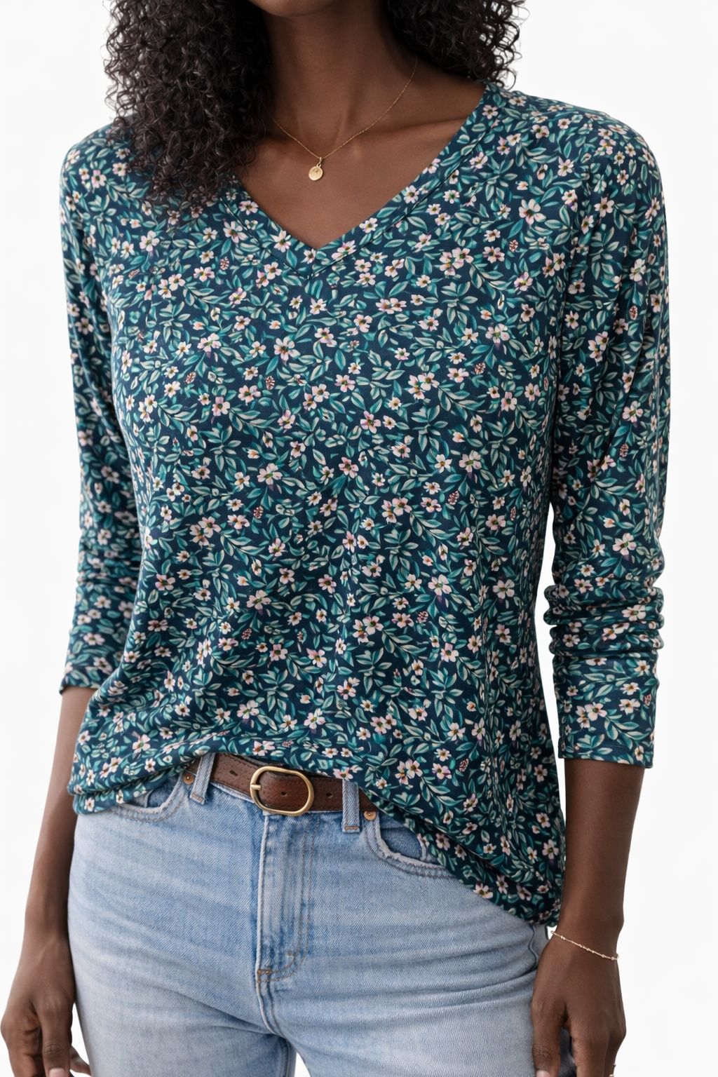 Teal Floral Pattered Long Sleeve T-Shirt