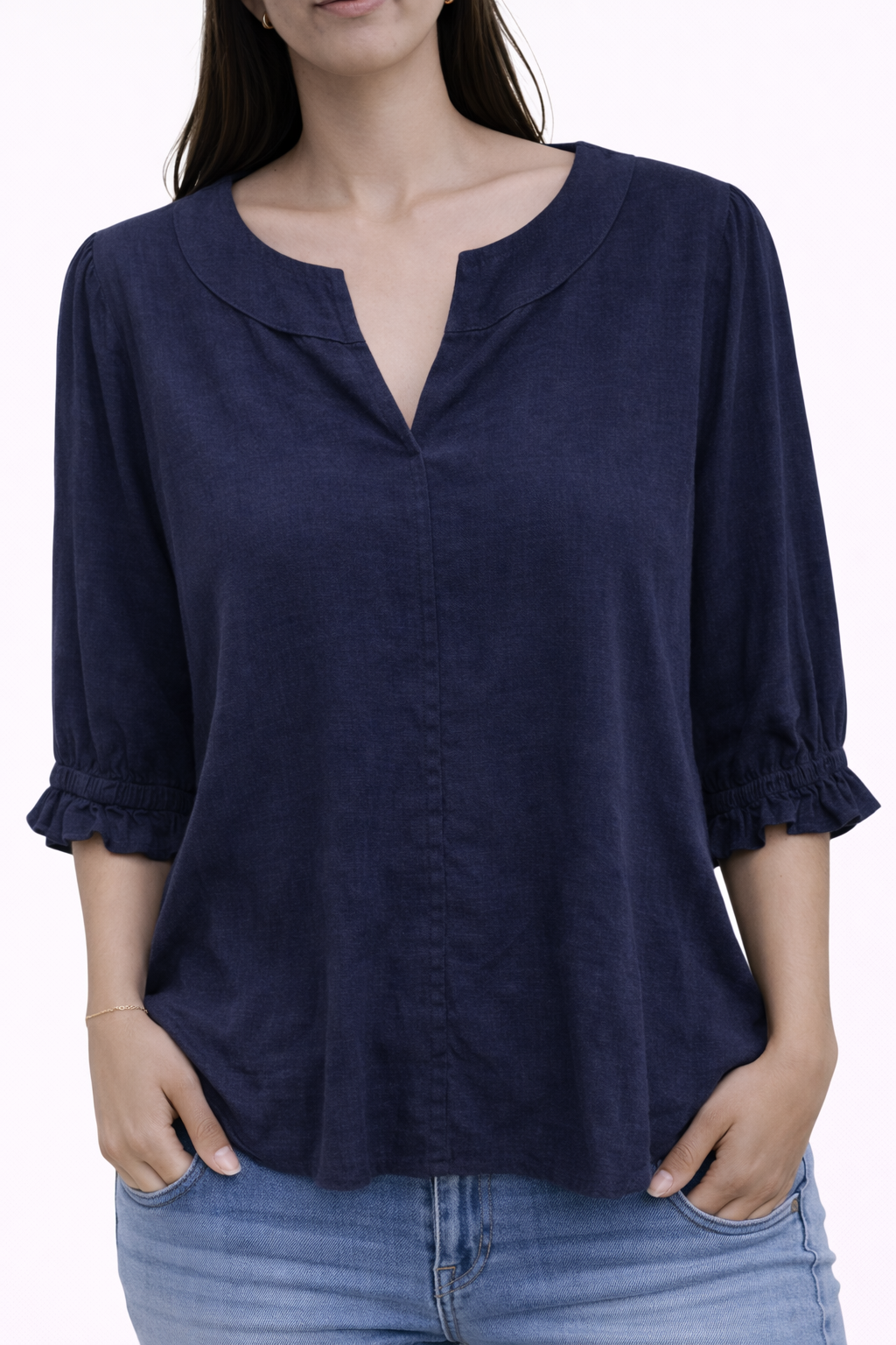 Navy Blue Notch-Neck Blouse
