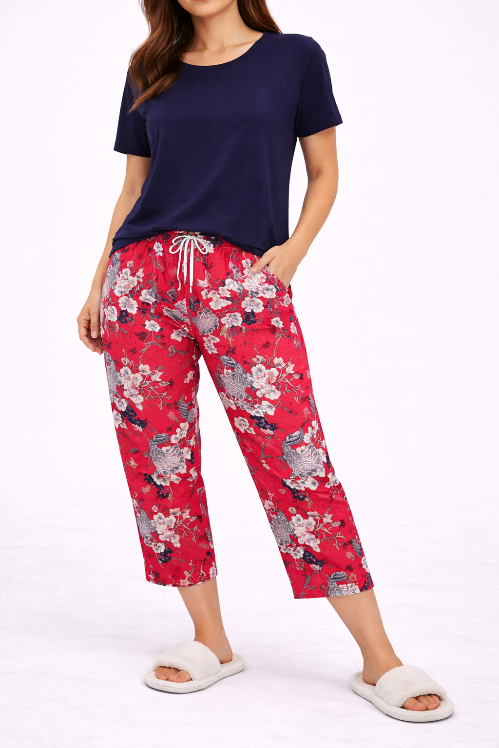 Navy Top with Red Blossom Sleep Set