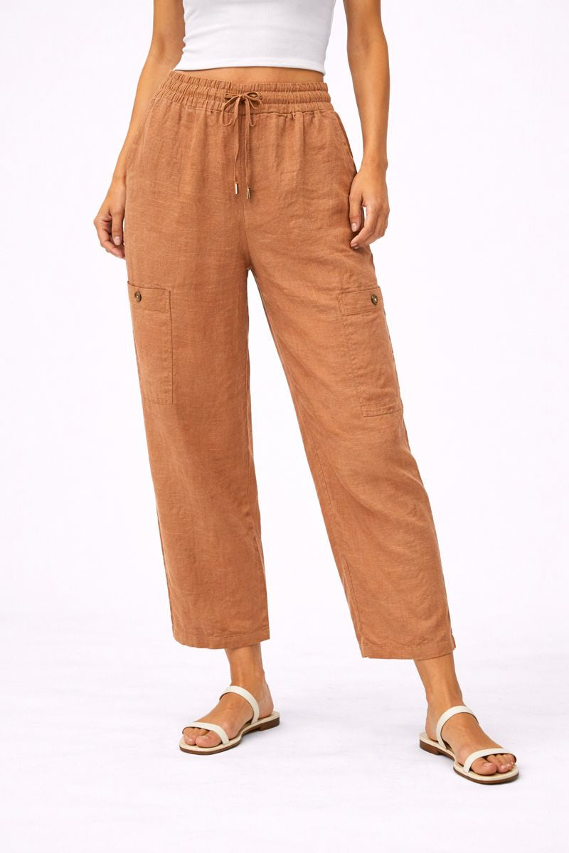 Warm Rust Relaxed Fit Linen Cargo Pants