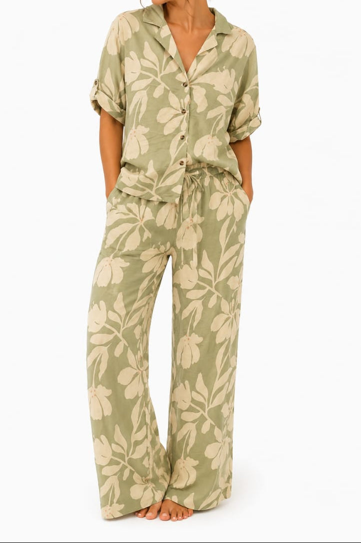Sage Green Flower Shirt & Pants Set