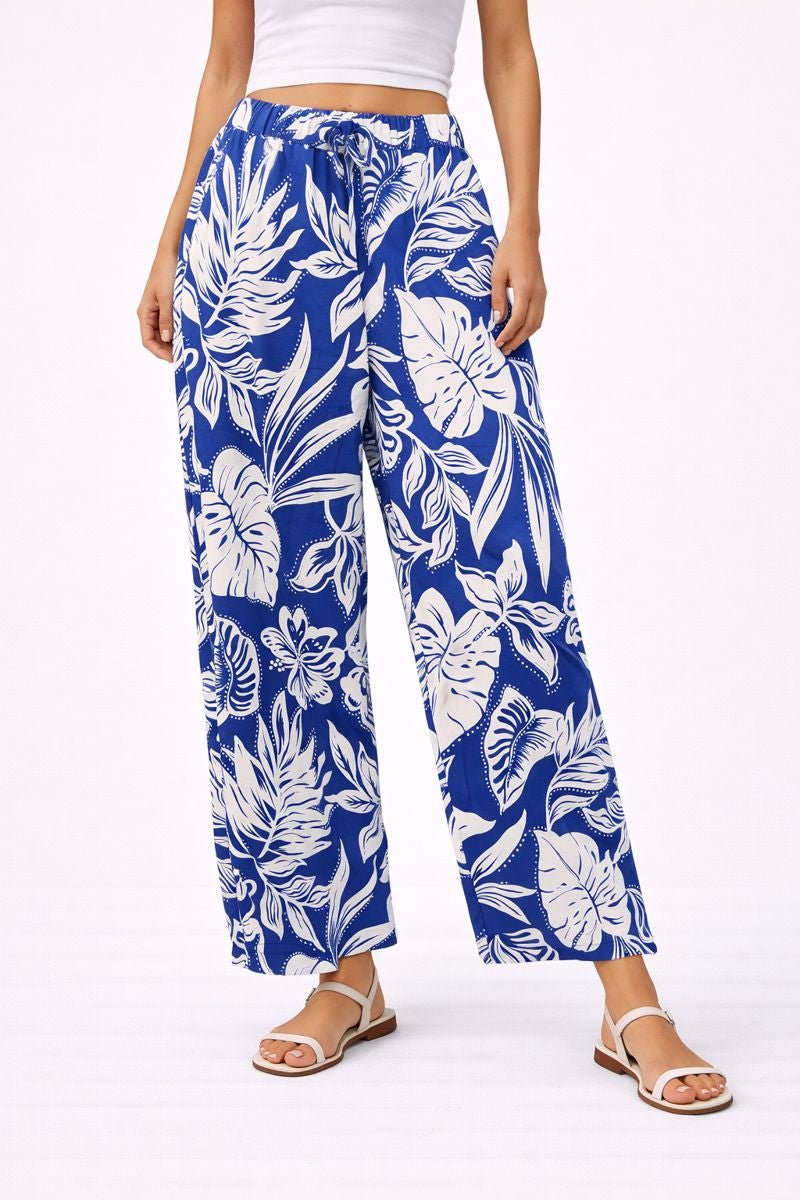 Blue & White Floral Pattern Relaxed Fit Linen Pants