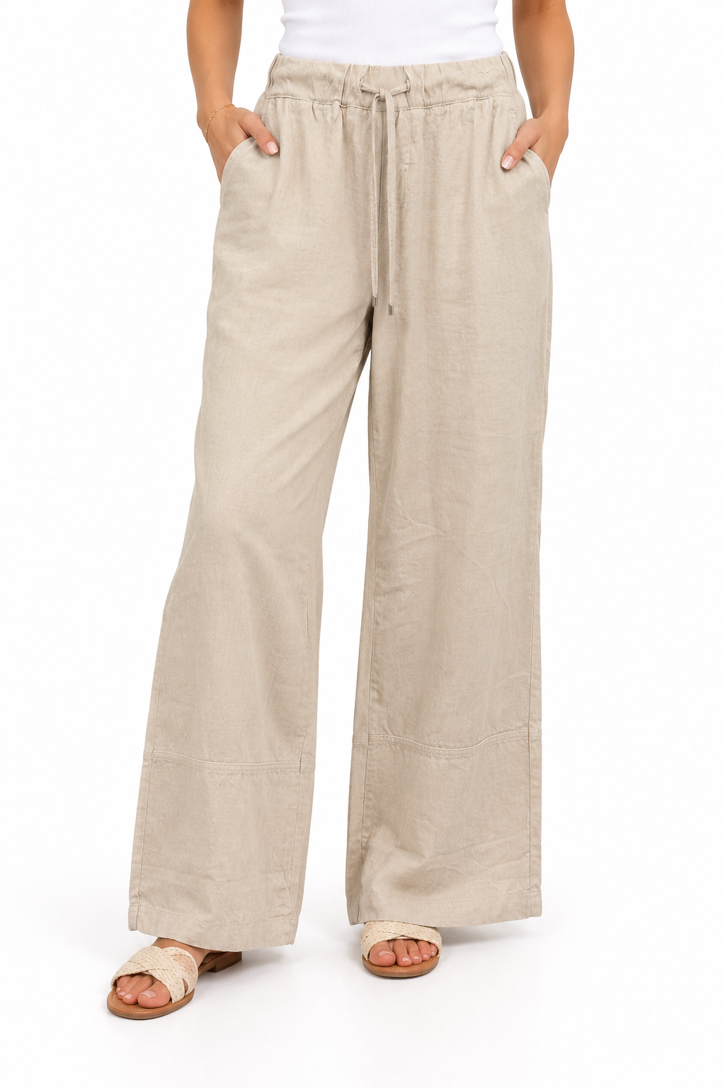 Classic Beige Wide-Leg Linen Pants With Drawstring