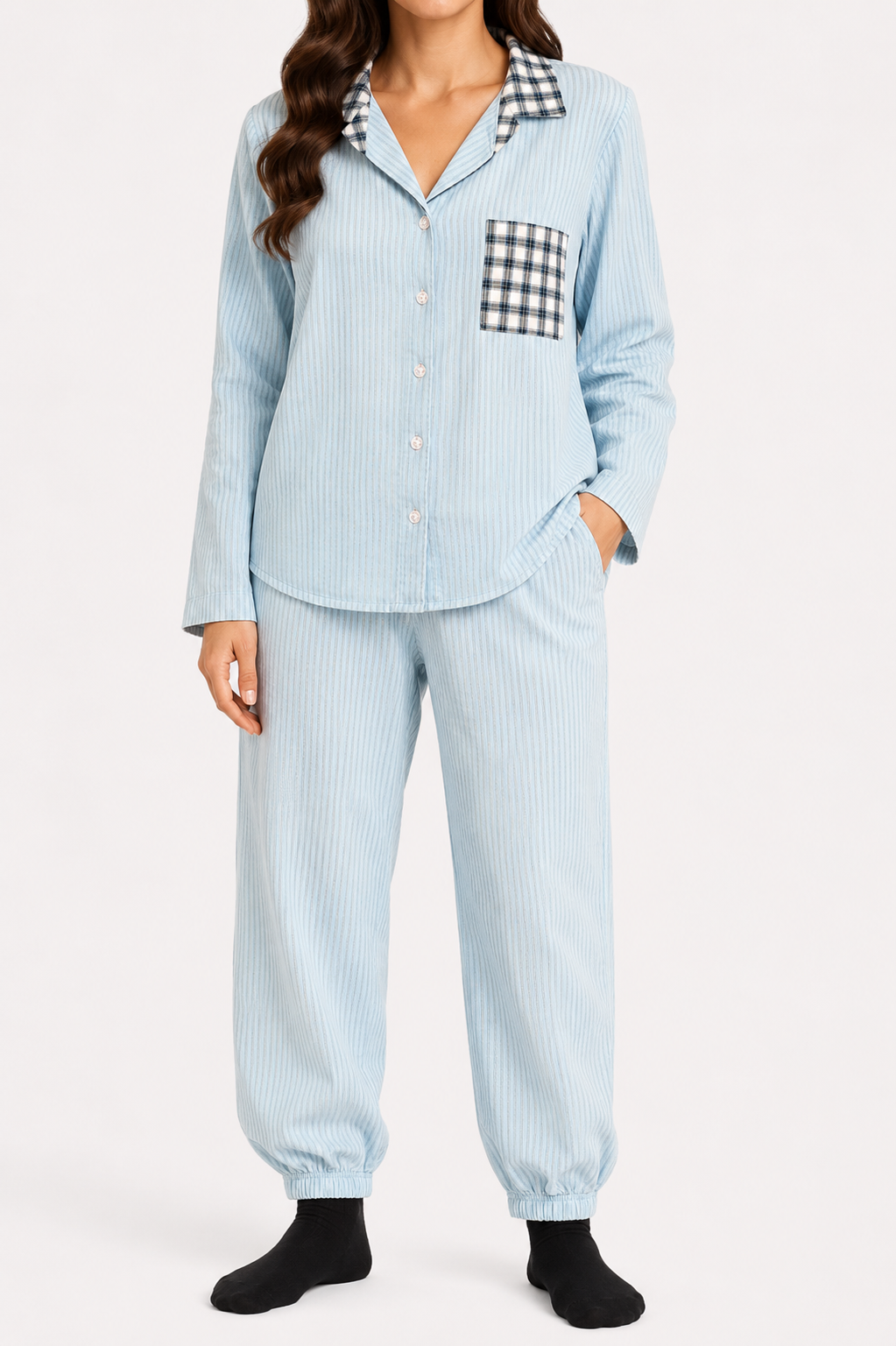 Sky Blue Ribbed Check Trim PJ Set