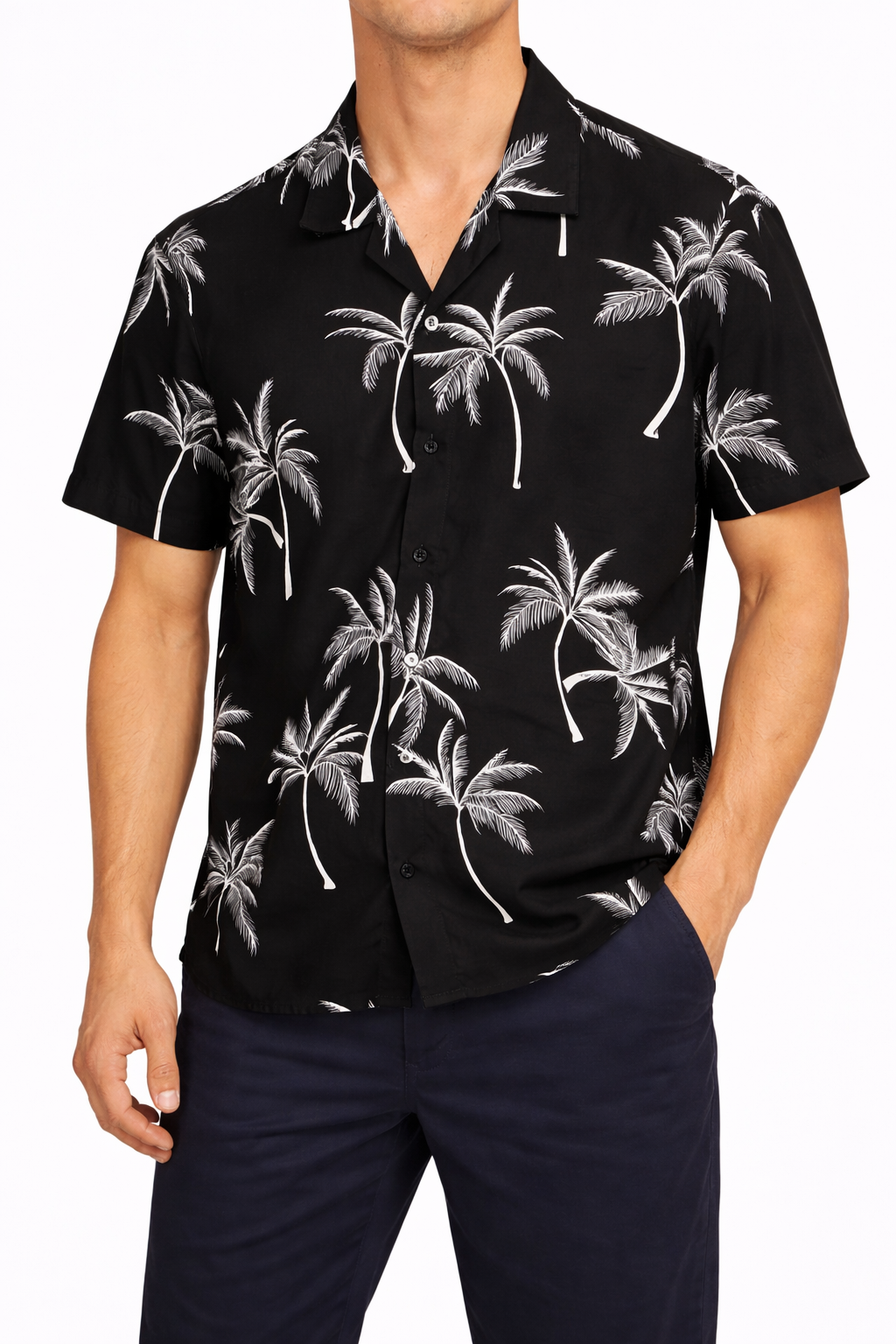 Black Palm Print Button-Up