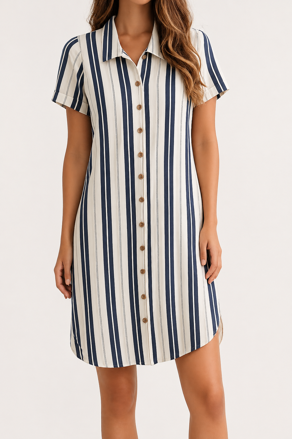 Navy Blue & Beige striped Button Down Dress