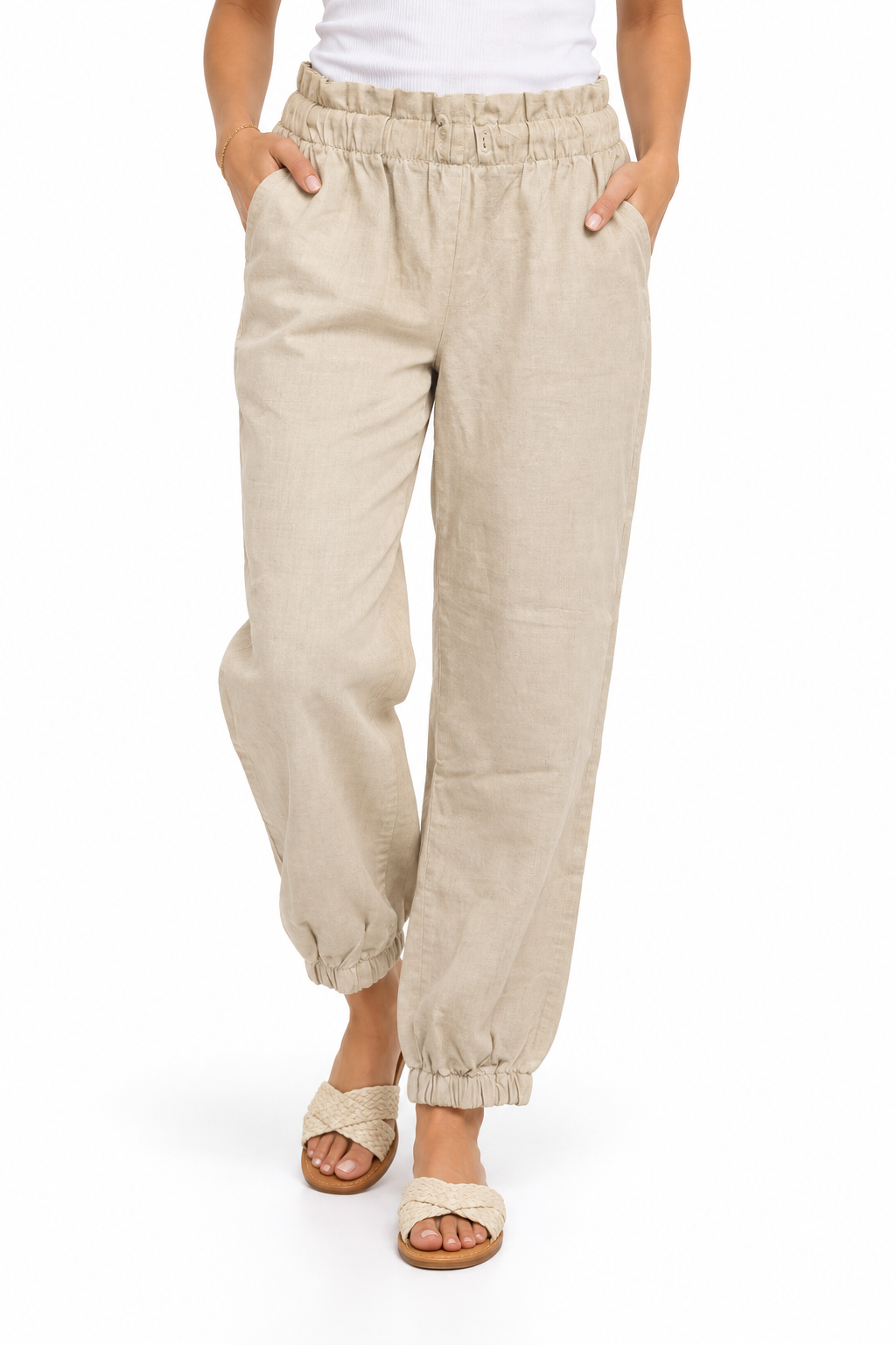 Beige Linen Jogger Pants